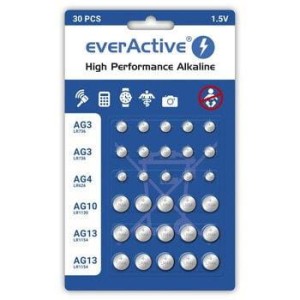 Baterie alkaliczne mini everActive 10 x G3 / LR41,  5 x G4 / LR626, 5 x G10 / LR1130, 10 x G13 / LR1154 zestaw 30 sztuk